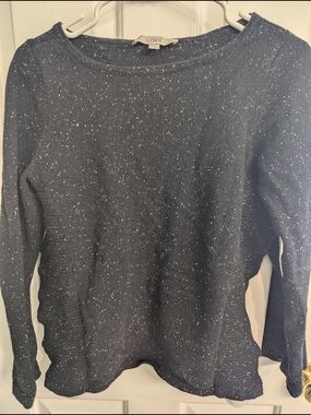 LOFT Black Flecked Crewneck Sweater With Sheer Inset Sides